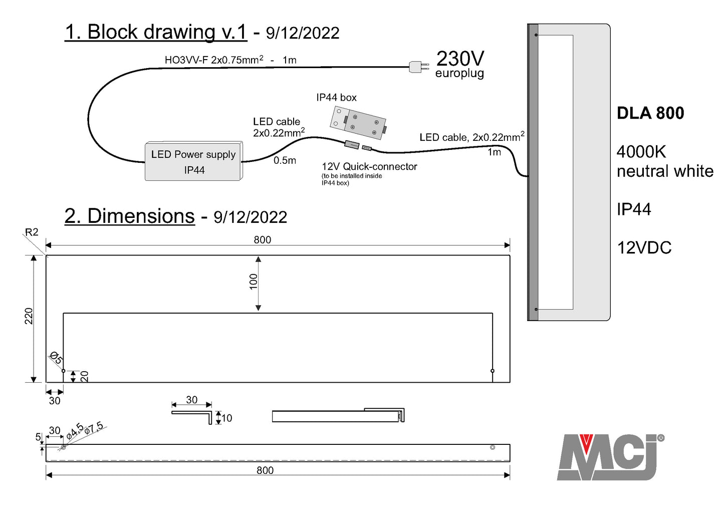 800 mm ljusramp för spegelskåp
