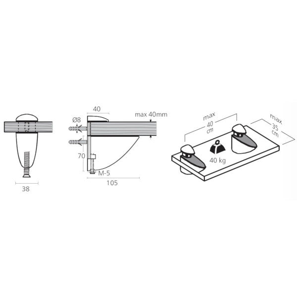 Hyllstöd för 6-40mm tjocka hyllor 2 st.