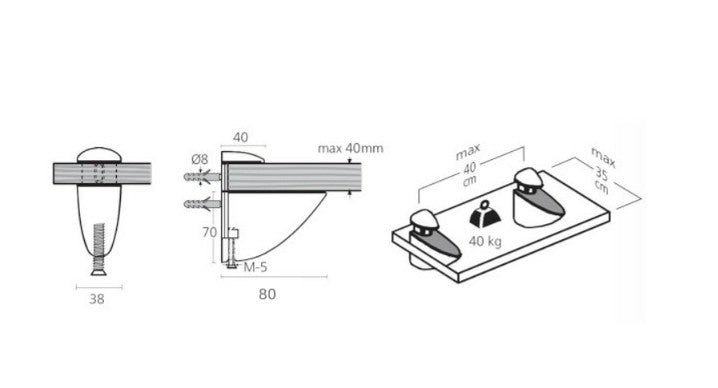 Hyllstöd för 6-40mm tjocka hyllor 2 st.